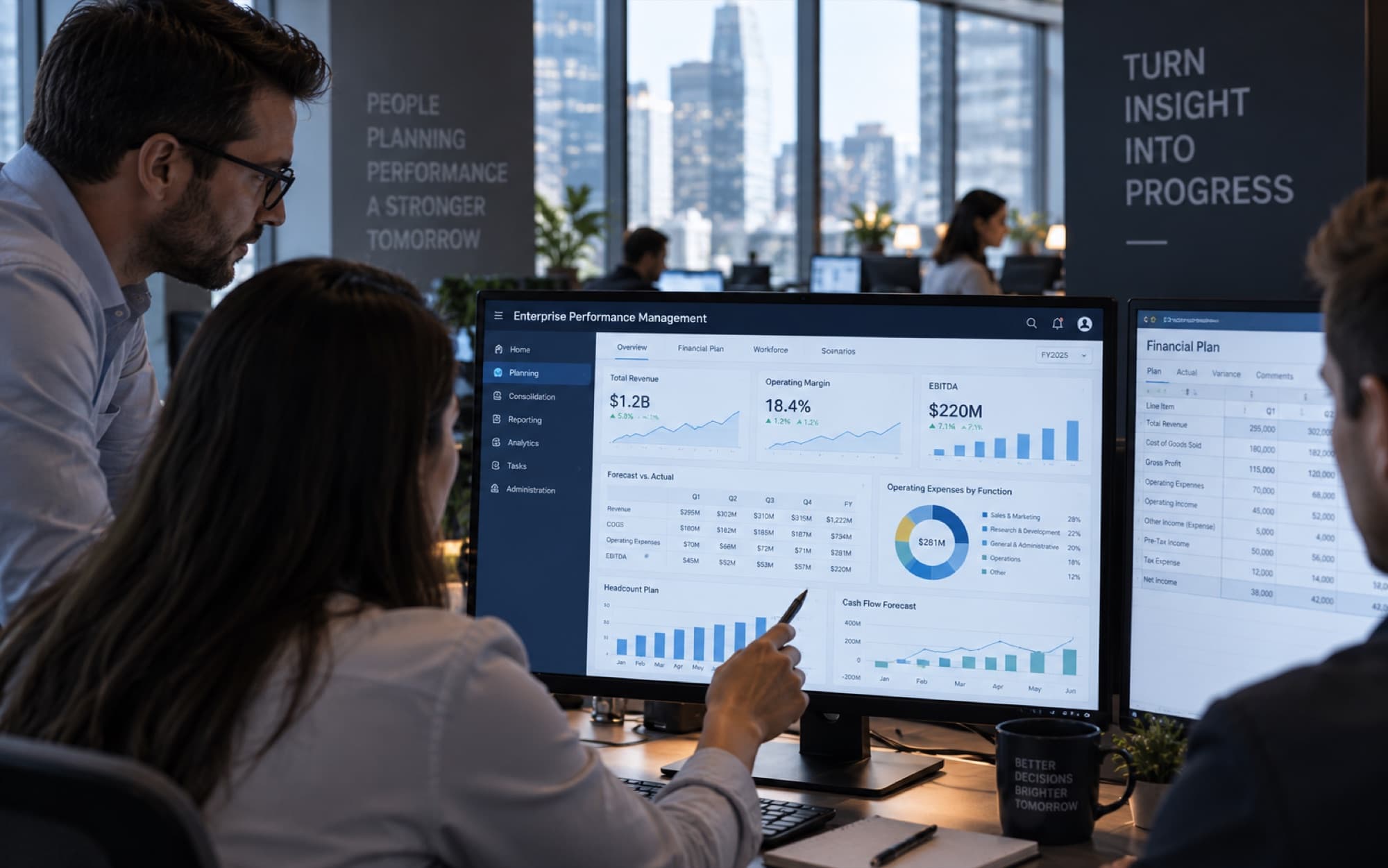 Finance team reviewing an EPM dashboard
