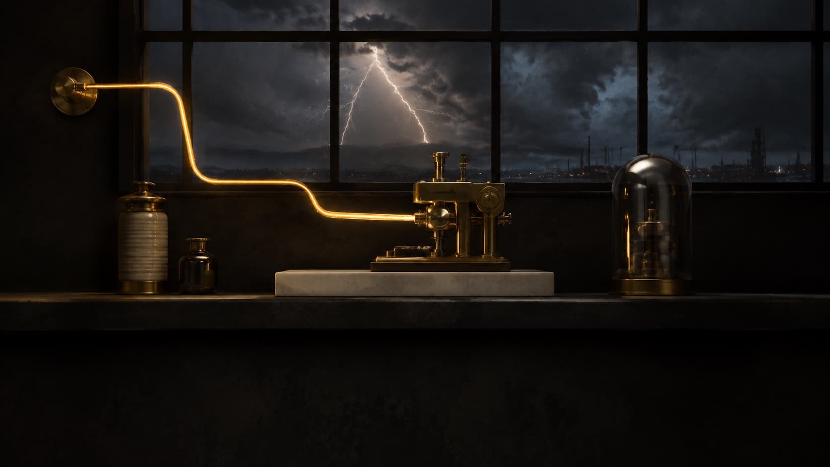 Distant lightning contrasts with a steady amber conduit powering a precision machine.