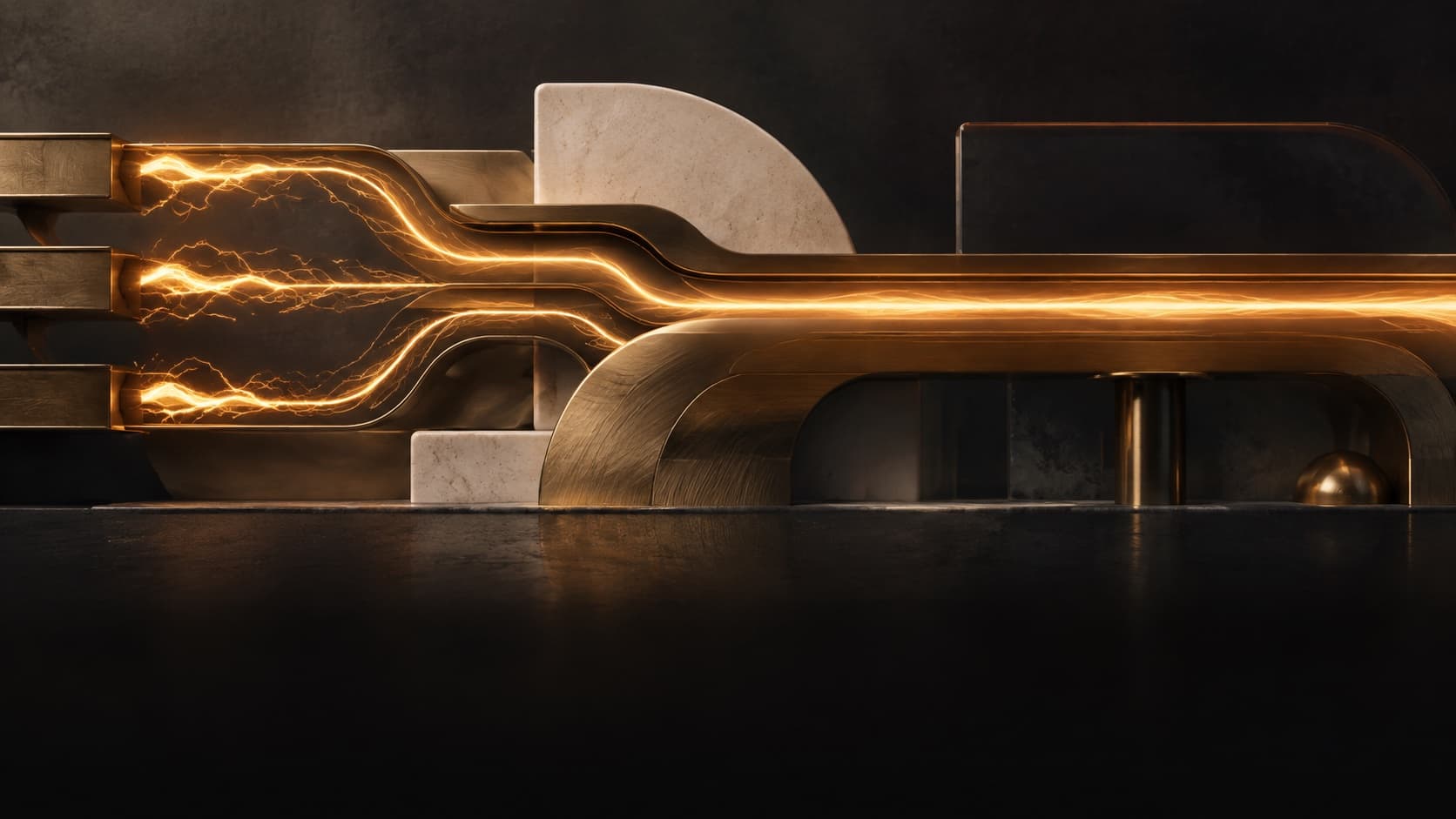 Three branching amber sparks resolve into one continuous current through a sculptural brass circuit.